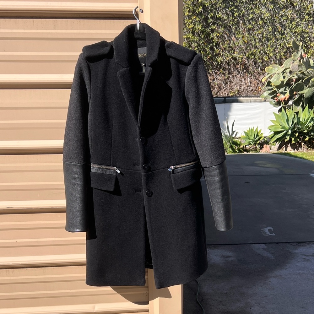 Maje wool & goatskin long black coat